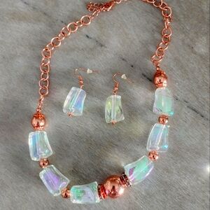 Iridescent Opaline Bead Necklace with Rose Gold Copper Accents and Earrings